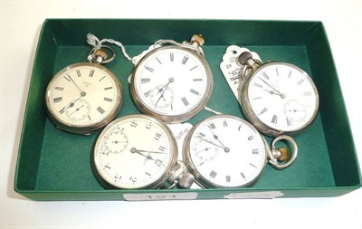 Lot 121 - Five silver open faced keyless pocket watches, one signed Barwise London