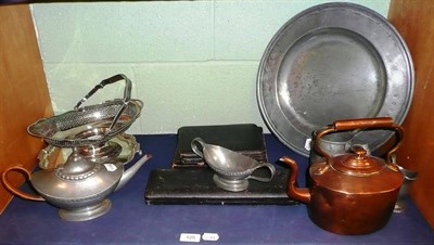 Lot 125 - A plated salver, a plated cake basket, a small quantity of electroplate, a pewter charger and a...