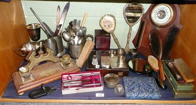 Lot 126 - Silver cigarette case, plated wares, carriage clock, flatware, inkstand and a barometer etc