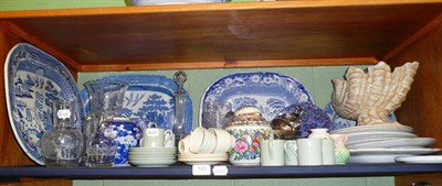 Lot 133 - A shelf of decorative ceramics and glass including a pair of pearlware plates, meat dishes,...