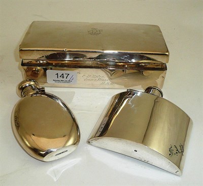 Lot 147 - Silver cigarette box and two silver hip flasks
