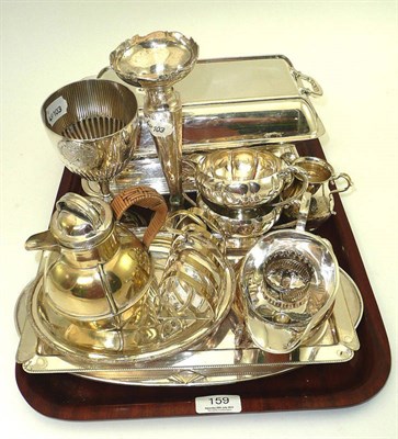 Lot 159 - Barnard Castle school trophy cup, silver posy vase, two plated entree dishes, three trays,...