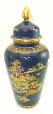 Lot 163 - A Crown Devon sponged blue vase and cover decorated with Oriental scenes