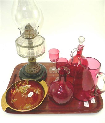 Lot 164 - Tray of five pieces of Cranberry glass, an oil lamp and a Carlton ware Rouge Royale spider's...