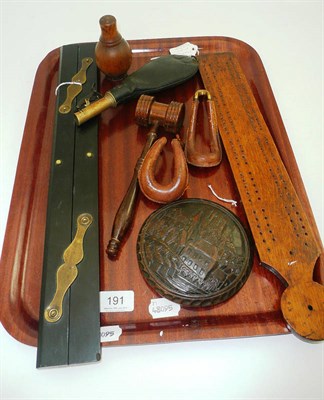 Lot 191 - Ebony rule, gavel, leather shot flask, circular carved oak top, treen pepperette, cribbage...