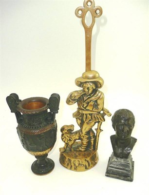 Lot 198 - Brass figural doorstop, bronze bust of a gent and a classical-style twin handled vase (3)