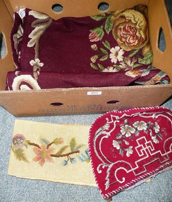 Lot 201 - Woolwork wall panel decorated with flowers, woolwork and beaded tea cosy and a woolwork bell...