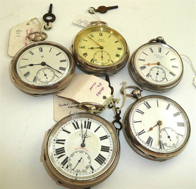 Lot 208 - Five silver open faced pocket watches comprising, J W Benson with London hallmark case and four...