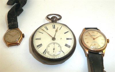 Lot 223 - A silver cased open faced pocket watch, a gentleman's 9ct gold wristwatch and a lady's 9ct gold...