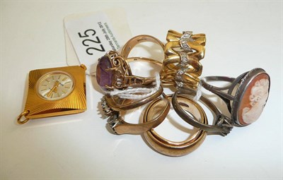 Lot 225 - Assorted 9ct gold band rings, silver rings, a pendant watch etc