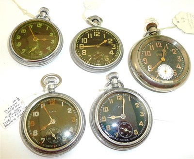 Lot 239 - Five military nickel plated keyless pocket watches with black dials, comprising, three Elgin pocket