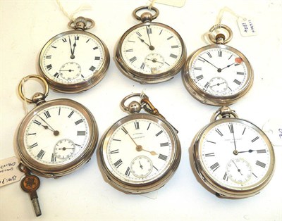 Lot 240 - Six silver open faced pocket watches comprising three Birmingham hallmark cases, and three...