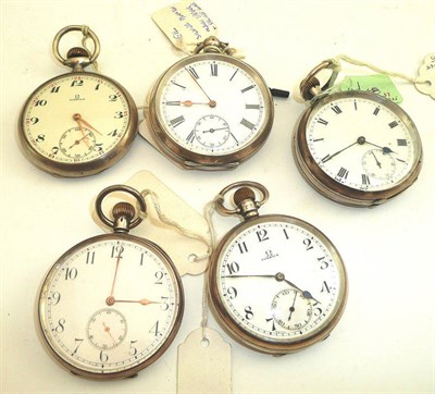 Lot 241 - Five Omega pocket watches comprising a silver keyless pocket watch with Birmingham hallmark...