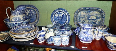 Lot 246 - Shelf of assorted 19th century and later blue and white transfer printed ceramics