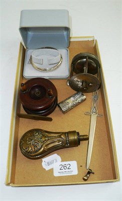 Lot 262 - A Continental silver needle case, powder flask, two fishing reels, silver bracelet and silver...