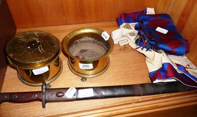 Lot 266 - A bayonet, two shell cases and a Masonic apron and sash