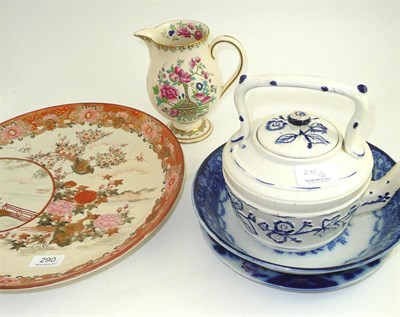 Lot 290 - A Japanese Kutani circular shallow bowl, a Staffordshire pottery tea kettle and cover, two...