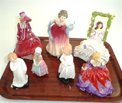 Lot 299 - Seven Royal Doulton figures - Pantalettes, Lady Fayre, Tootles, Amy's Sister, Darling, Bedtime...