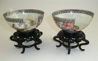 Lot 303 - A Chinese egg shell bowl on hardwood stand and a matching example (a.f.)