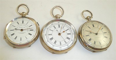 Lot 316 - Two silver chronograph pocket watches with Chester hallmark cases, and another chronograph...