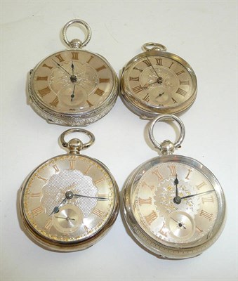 Lot 318 - Four silver open faced pocket watches comprising three Chester hallmark cases and one...