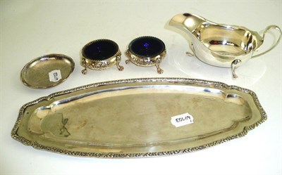 Lot 331 - Silver sauce boat, pair of silver salts, sterling dish and a tray