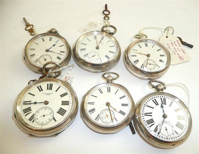 Lot 335 - Six silver open faced pocket watches, comprising two pocket watches with Chester hallmark...