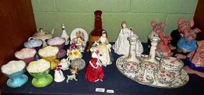 Lot 344 - A shelf of decorative ceramics including two Royal Doulton figures - Christmas Morn & Elegance,...