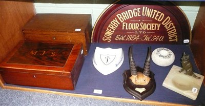 Lot 345 - A Sowerby Bridge United District Flour Society mahogany sign with gilt lettering, a pair of...