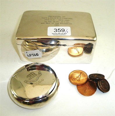 Lot 359 - Silver mounted cigarette box, silver tobacco box, two medals and a two buttons