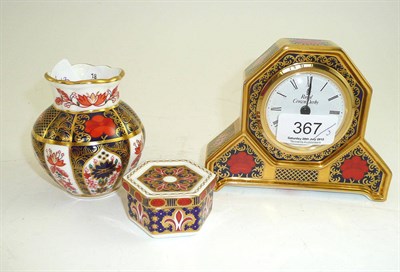 Lot 367 - Royal Crown Derby clock, vase, box and cover