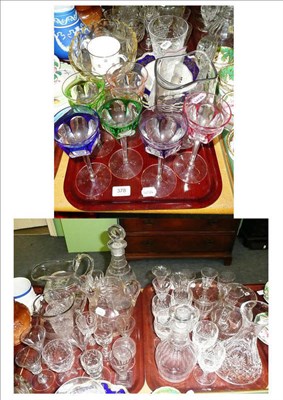 Lot 378 - Three trays of decorative glass including boxed Waterford, Georgian mallet decanters, set of...