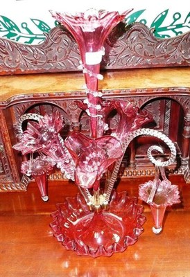 Lot 390 - A Victorian Cranberry glass epergne