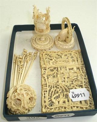 Lot 392 - A Chinese ivory calling card case, a puzzle ball, cocktail sticks and stand