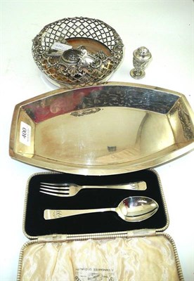 Lot 400 - A silver entree dish cover, a cased silver two piece christening set, a pierced plated bottle...