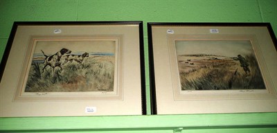 Lot 415 - Henry Wilkinson ";On Point"; and ";Partridge Shooting";,  two framed coloured etchings, signed...