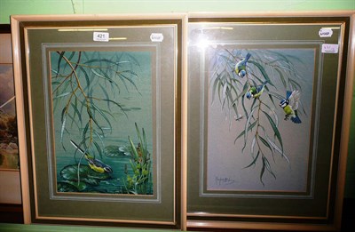 Lot 421 - Two watercolours signed Marjorie Blamey, grey wagtail and blue tits