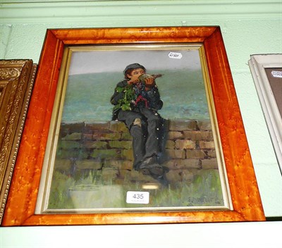 Lot 435 - E Mature - Oil portrait of an Irish boy eating a turnip, in a maple frame