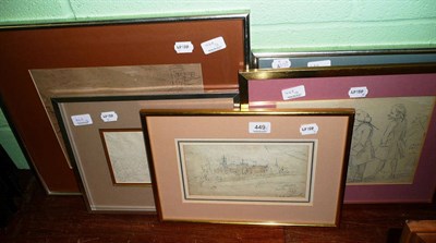 Lot 449 - Five 19th century pencil sketches - landscapes and caricature figures (5)