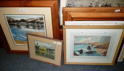 Lot 452 - Two oil landscapes, two watercolour coastal scenes, watercolour river landscape, D M Patterson...