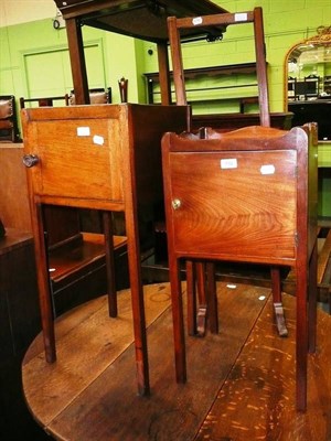 Lot 492 - Two 19th century mahogany bedside cupboards and a small folding towel horse