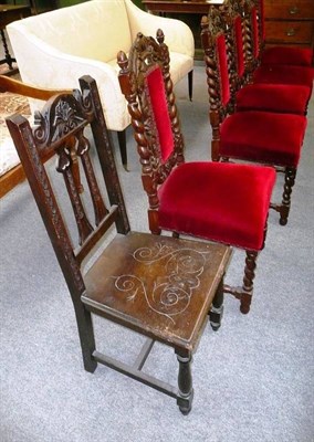 Lot 523 - A set of five carved oak dining chairs and another (6)