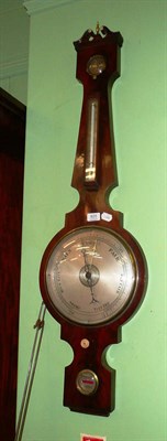 Lot 625 - A mahogany wheel barometer, circa 1850, with swan neck pediment, hygrometer, thermometer box,...