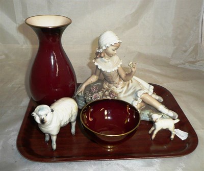 Lot 1 - A Lladro figure, two Beswick sheep and two Carlton Ware vases