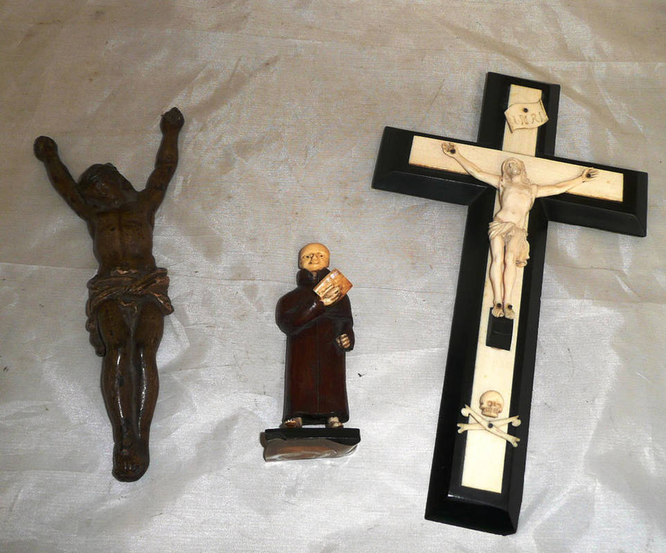 Lot 2 - Crucifix with carved ivory figure and mount, poly chrome metal figure of the crucifixion and a...