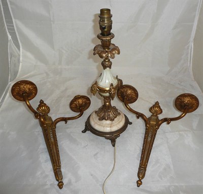Lot 6 - An ormolu and marble lamp, and two wall candlesticks