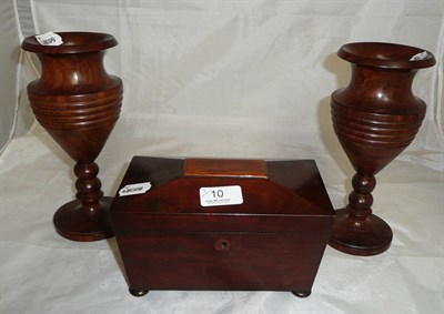 Lot 10 - Pair of turned treen pedestal vases and mahogany tea caddy (3)