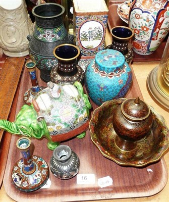 Lot 16 - Pair of cloisonne vases, Japanese pottery, metalwares etc