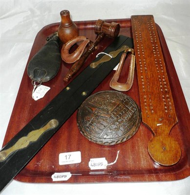 Lot 17 - Ebony rule, gavel, leather shot flask, circular carved oak top, treen pepperette, cribbage...