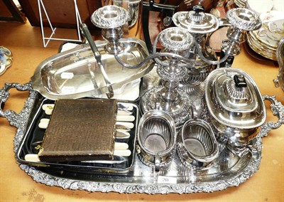 Lot 20 - Silver plate including tray, four piece tea set, fish eaters, candelabra, basket etc